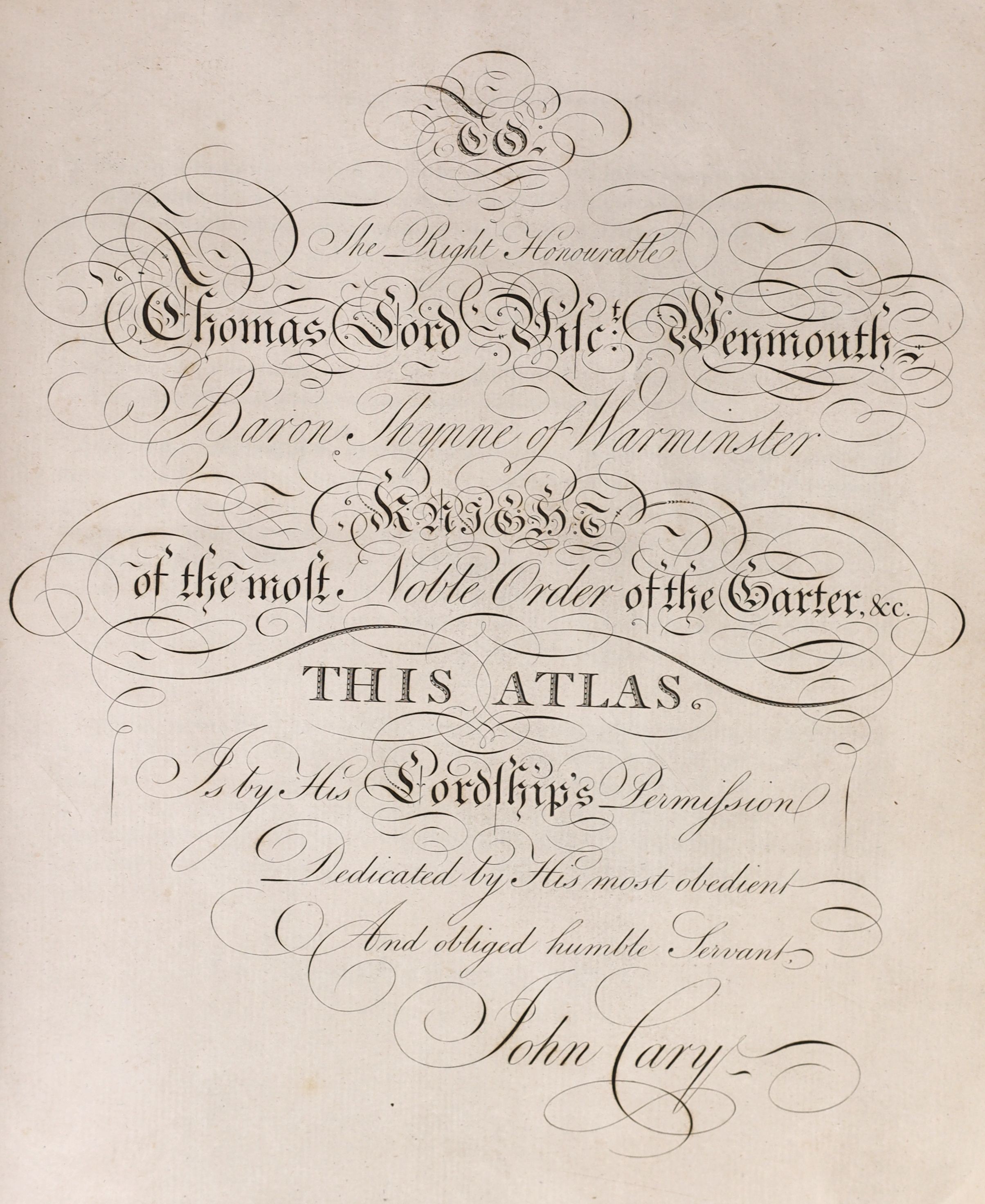 Cary's New and Correct English Atlas.... engraved title and dedication, hand coloured maps of South Britain, North and South Wales and 43 others of English counties; contemp. calf with panelled spine (distressed upper bo